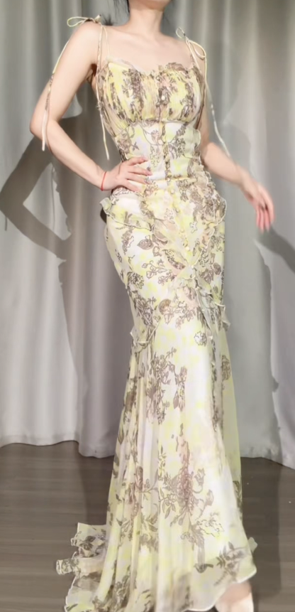 Chic Yellow Prom Dress Straps Sheath Floral Chiffon Long Evening Dress DP06216