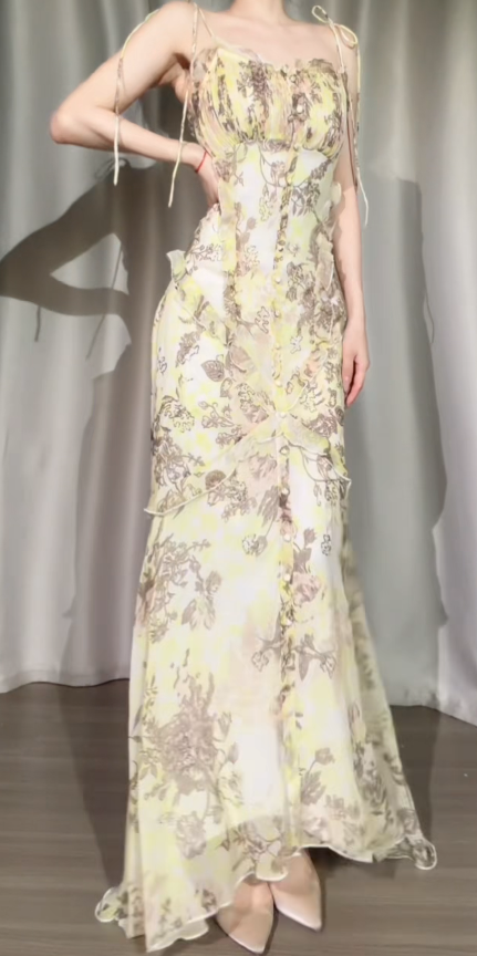 Chic Yellow Prom Dress Straps Sheath Floral Chiffon Long Evening Dress DP06216
