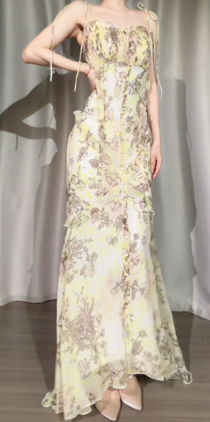 Chic Yellow Prom Dress Straps Sheath Floral Chiffon Long Evening Dress DP06216