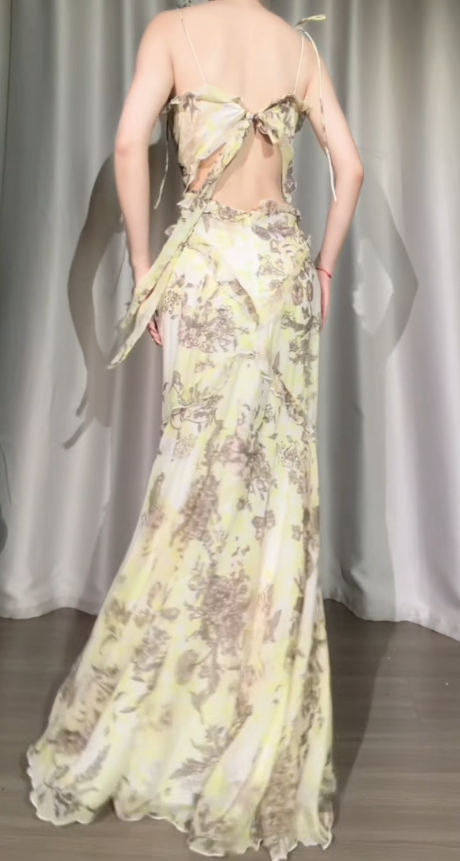 Chic Yellow Prom Dress Straps Sheath Floral Chiffon Long Evening Dress DP06216