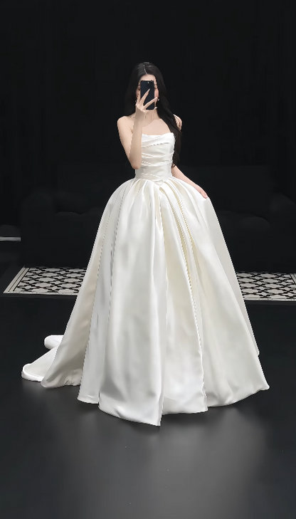 Simple Strapless A-Line  Wedding Dress White Bridal Gown Satin Bridal Dress DP06218