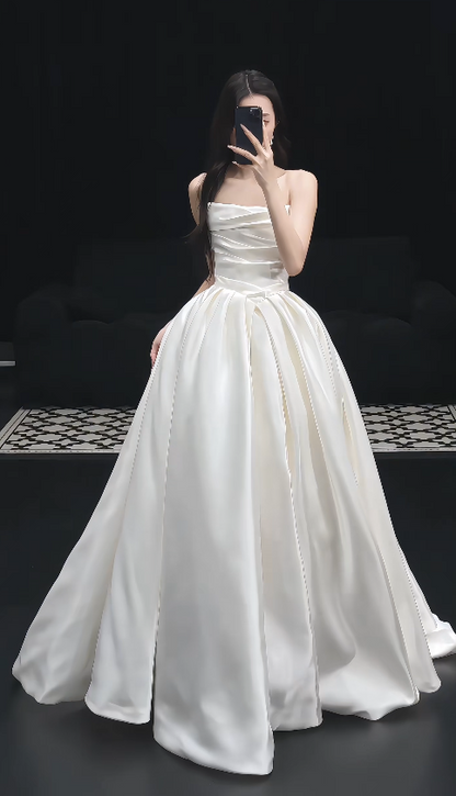 Simple Strapless A-Line  Wedding Dress White Bridal Gown Satin Bridal Dress DP06218