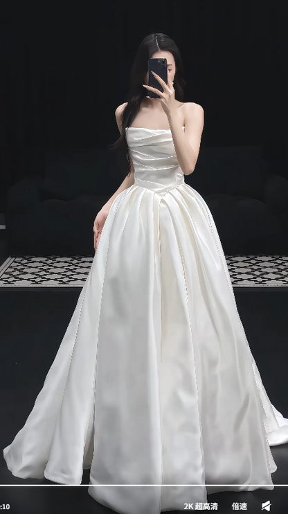 Simple Strapless A-Line  Wedding Dress White Bridal Gown Satin Bridal Dress DP06218