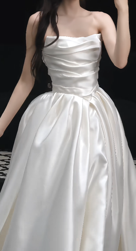 Simple Strapless A-Line  Wedding Dress White Bridal Gown Satin Bridal Dress DP06218