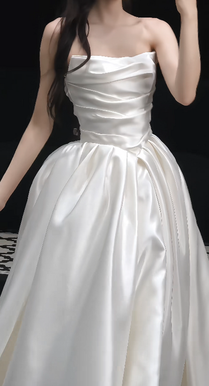 Simple Strapless A-Line  Wedding Dress White Bridal Gown Satin Bridal Dress DP06218