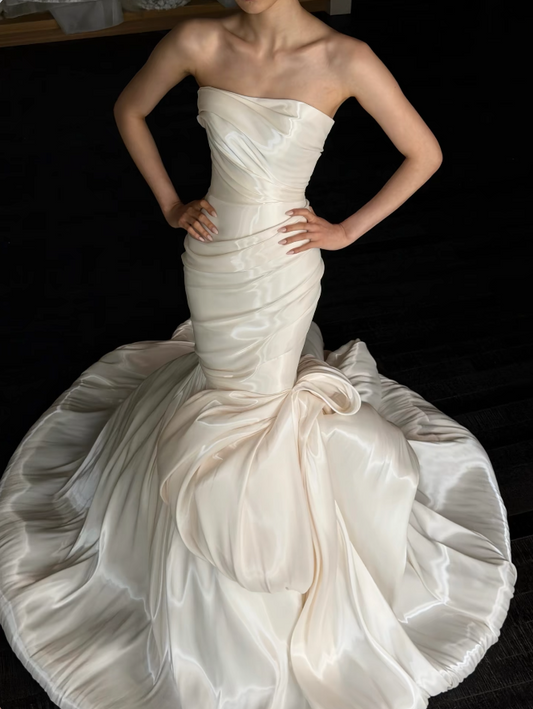 Simple Strapless Mermaid Wedding Dress White Bridal Gown Tulle Bridal Dress DP06219