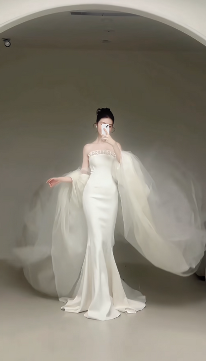 Simple Strapless Sheath Wedding Dress White Bridal Gown Chiffon Bridal Dress DP06223