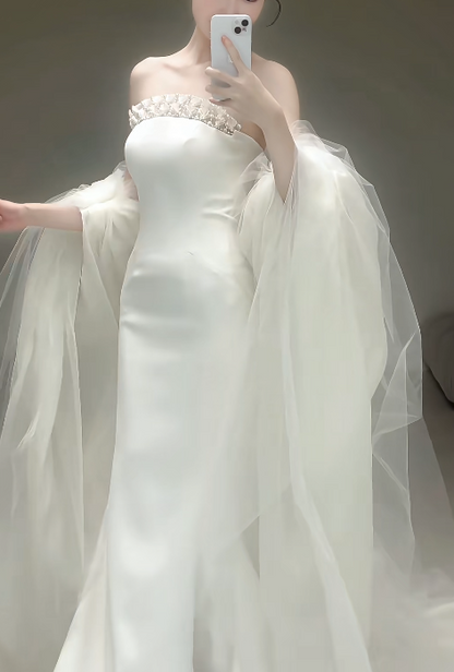 Simple Strapless Sheath Wedding Dress White Bridal Gown Chiffon Bridal Dress DP06223