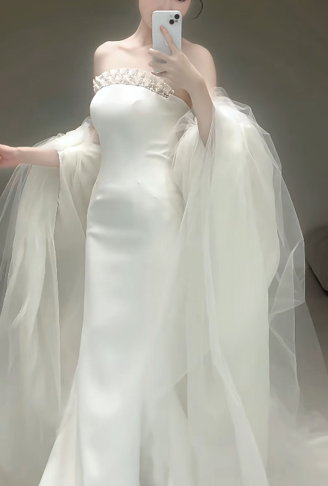 Simple Strapless Sheath Wedding Dress White Bridal Gown Chiffon Bridal Dress DP06223