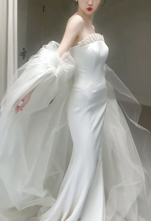 Simple Strapless Sheath Wedding Dress White Bridal Gown Chiffon Bridal Dress DP06223