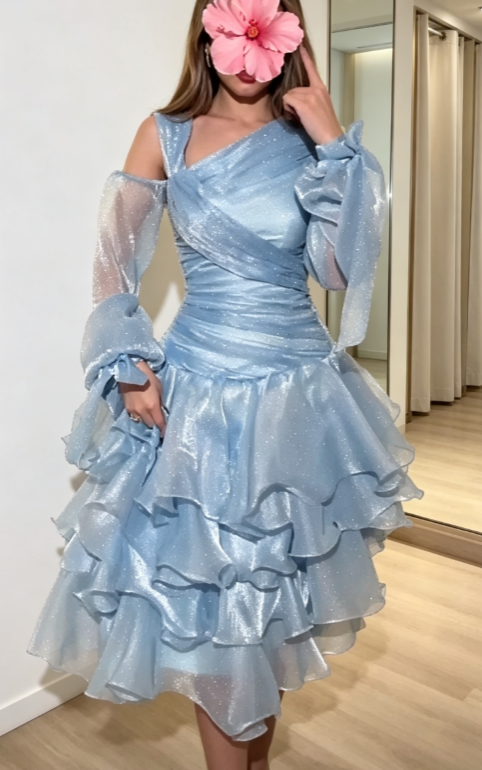 Fashion Blue Hoco Dress Tulle Birthday Dress One-shoulder Chiffon Party Dress DP06224