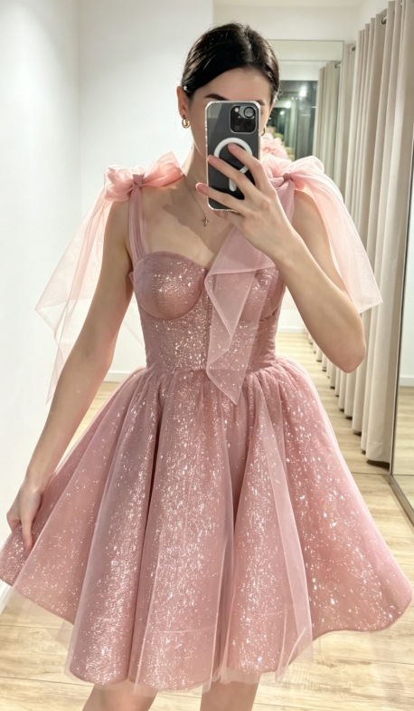 Fashion Pink Hoco Dress Straps A-Line Birthday Dress Tulle Party Dress DP06226