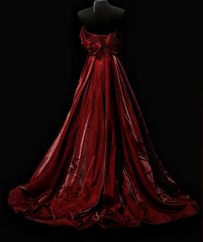 Elegant Burgundy Evening Dress Satin Off-shoulder A-Line Prom Dress DP06236