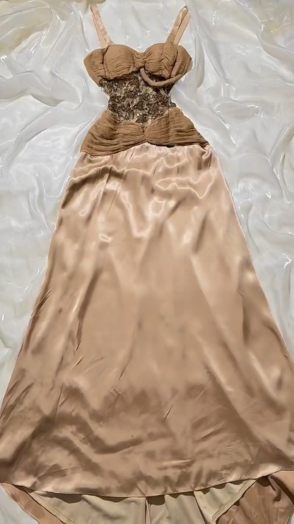 Elegant Brown Evening Dress Beaded Satin Straps Sheath  Prom Dress DP06237