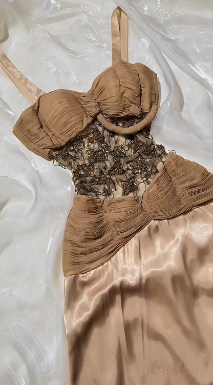 Elegant Brown Evening Dress Beaded Satin Straps Sheath  Prom Dress DP06237