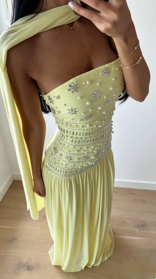 Elegant Yellow Evening Dress Chiffon Formal Dress Strapless Sheath Prom Dress DP06240