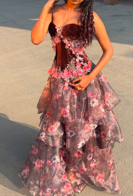 Chic Red Evening Dress Chiffon Floral Formal Dress Sweetheart A-Line Prom Dress DP06243