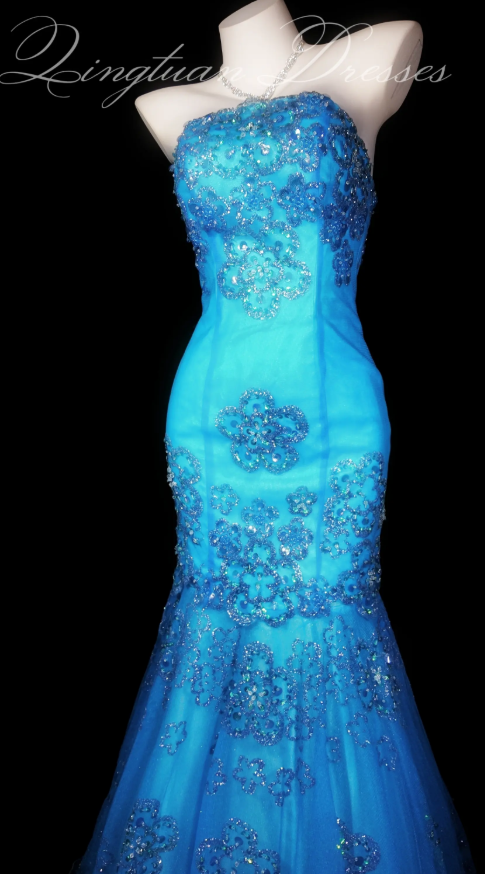 Chic Blue Evening Dress Strapless Mermaid Prom Dress Tulle Sequins Formal Dress DP06244