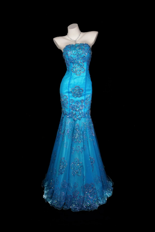 Chic Blue Evening Dress Strapless Mermaid Prom Dress Tulle Sequins Formal Dress DP06244