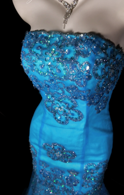 Chic Blue Evening Dress Strapless Mermaid Prom Dress Tulle Sequins Formal Dress DP06244