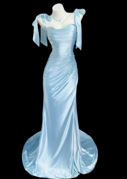 Chic Blue Evening Dress Straps Sheath Prom Dress Satin Formal Dress DP06248