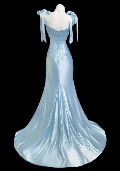 Chic Blue Evening Dress Straps Sheath Prom Dress Satin Formal Dress DP06248