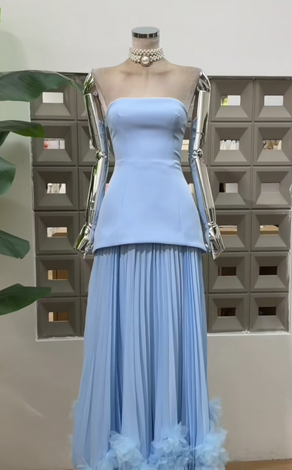 Chic Blue Evening Dress Strapless Sheath Prom Dress Tulle Formal Dress DP06250