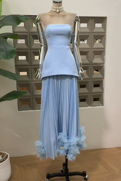 Chic Blue Evening Dress Strapless Sheath Prom Dress Tulle Formal Dress DP06250