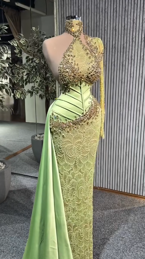 Chic Green Evening Dress Sheath Prom Dress Satin Beaded Formal Dress DP06251