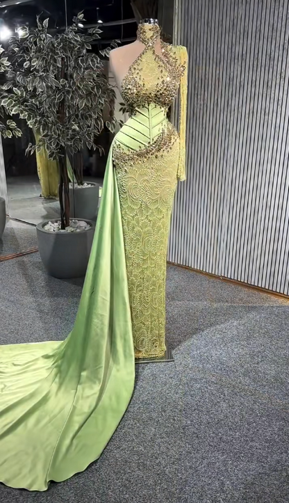 Chic Green Evening Dress Sheath Prom Dress Satin Beaded Formal Dress DP06251