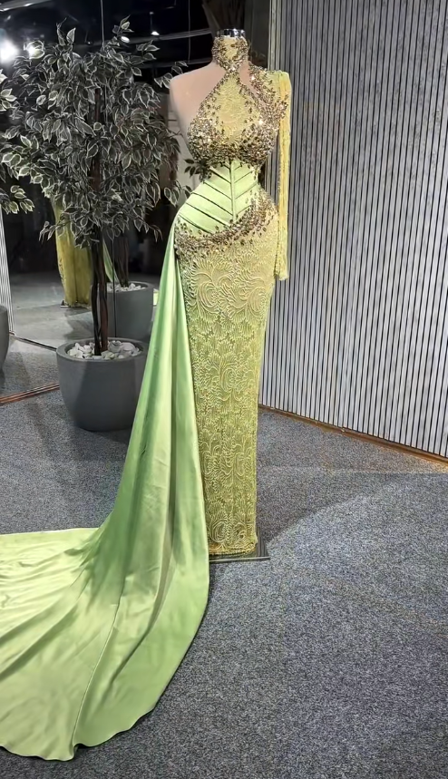 Chic Green Evening Dress Sheath Prom Dress Satin Beaded Formal Dress DP06251