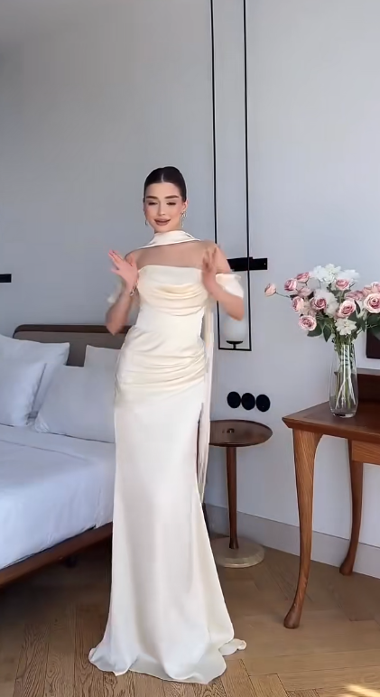 Chic Champagne Evening Dress Off-shoulder Sheath Prom Dress Satin Formal Dress DP06253