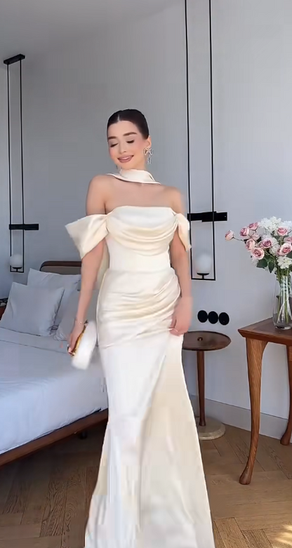 Chic Champagne Evening Dress Off-shoulder Sheath Prom Dress Satin Formal Dress DP06253