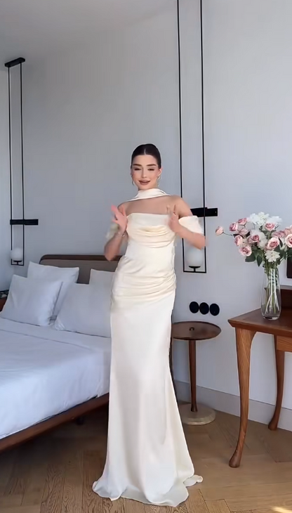 Chic Champagne Evening Dress Off-shoulder Sheath Prom Dress Satin Formal Dress DP06253