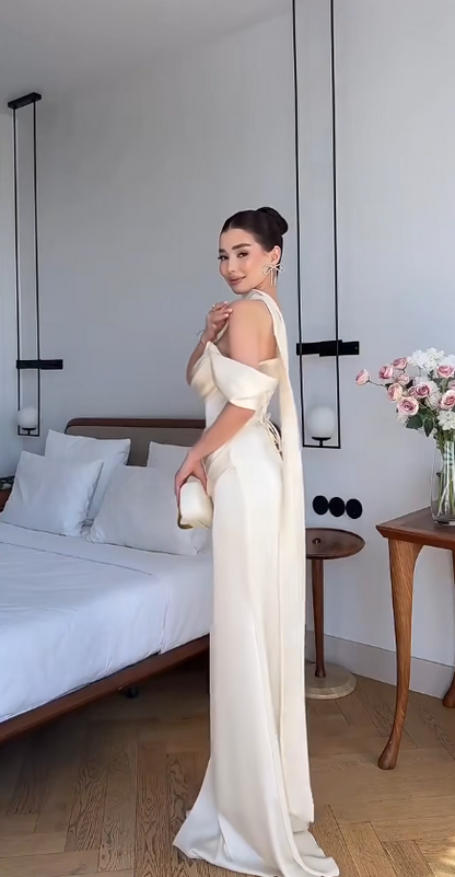 Chic Champagne Evening Dress Off-shoulder Sheath Prom Dress Satin Formal Dress DP06253