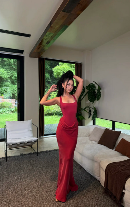 Chic Burgundy Evening Dress Straps Sheath Prom Dress Satin Formal Dress DP06256