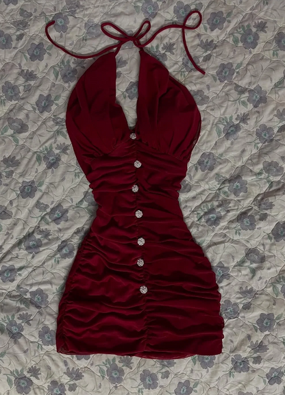 Sexy Burgundy Short Prom Dress Satin Hoco Dress Halter Bodycon Birthday Dress DP06257