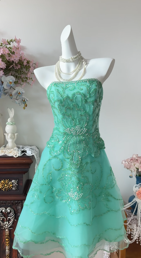 Sexy Blue Short Prom Dress Tulle Beaded Hoco Dress Strapless A-Line Birthday Dress  A-Line DP06258