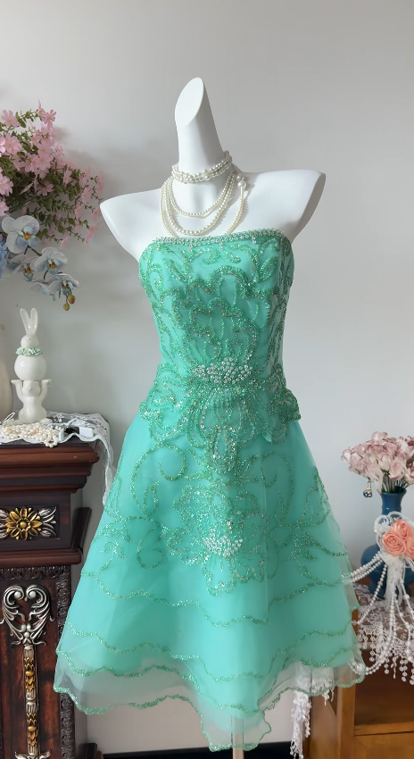 Sexy Blue Short Prom Dress Tulle Beaded Hoco Dress Strapless A-Line Birthday Dress  A-Line DP06258