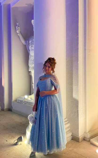Chic Off-shoulder A-Line Tulle Long Evening Dress Blue Prom Dress DP06274