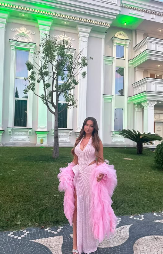 Chic Halter Sheath Tulle Long Evening Dress Pink Prom Dress DP06276