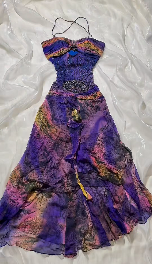 Chic Halter Sheath Beaded Chiffon Long Evening Dress Purple Prom Dress DP06279