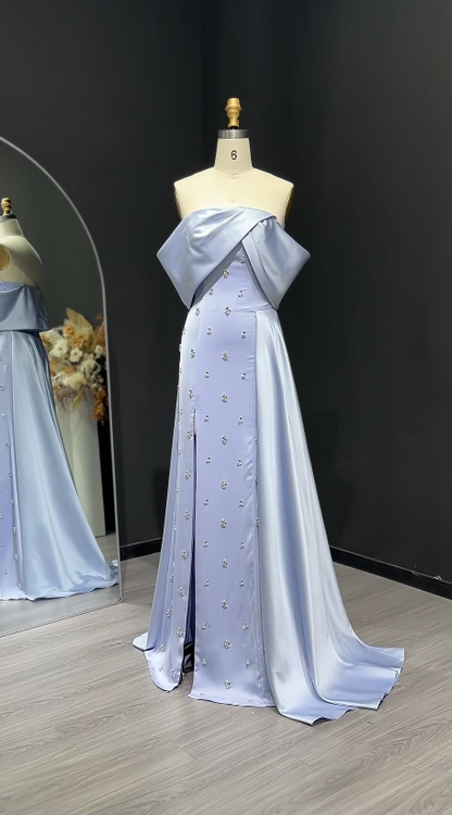 Chic Off-shoulder Sheath Beaded Satin Long Evening Dress Blue Prom Dress DP06280