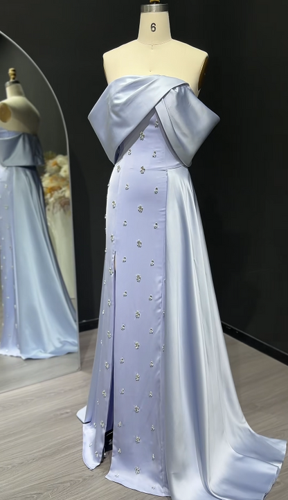 Chic Off-shoulder Sheath Beaded Satin Long Evening Dress Blue Prom Dress DP06280