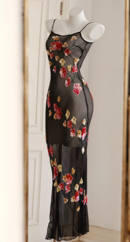 Chic Spaghetti Straps Sheath Chiffon Long Evening Dress Black Prom Dress DP06281
