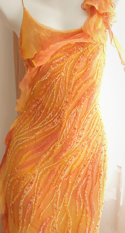 Chic Spaghetti Straps Sheath Chiffon Beaded Long Evening Dress Orange Prom Dress DP06282