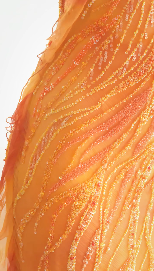 Chic Spaghetti Straps Sheath Chiffon Beaded Long Evening Dress Orange Prom Dress DP06282
