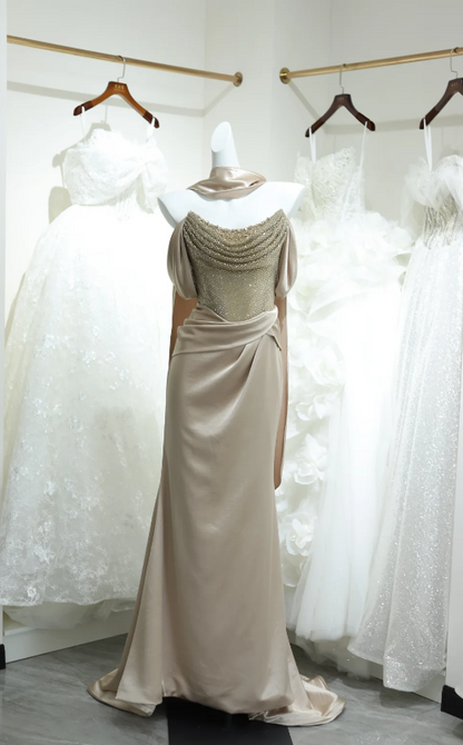 Chic Off-shoulder Sheath Satin Beaded Long Evening Dress Champagne Prom Dress DP06283