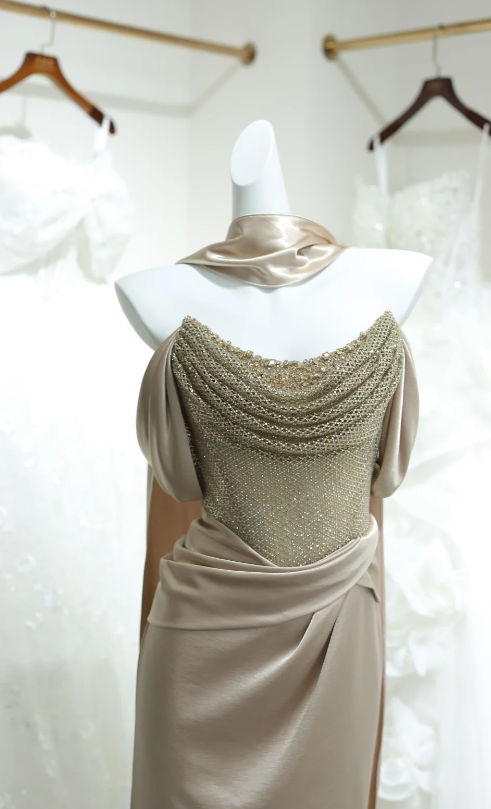 Chic Off-shoulder Sheath Satin Beaded Long Evening Dress Champagne Prom Dress DP06283