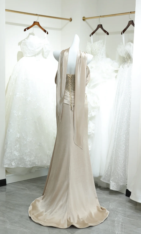 Chic Off-shoulder Sheath Satin Beaded Long Evening Dress Champagne Prom Dress DP06283